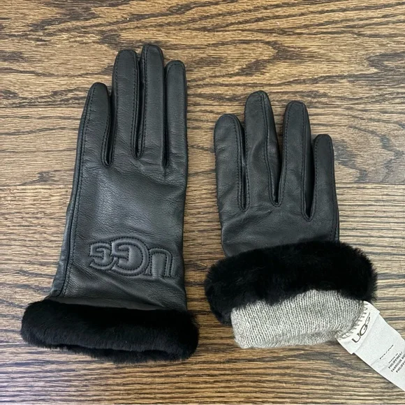 UGG Black Leather Gloves with Fur Trim - Picture 5 of 6